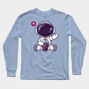 Cute Astronaut Drinking Boba Milk Tea Space Cartoon Long Sleeve T-Shirt